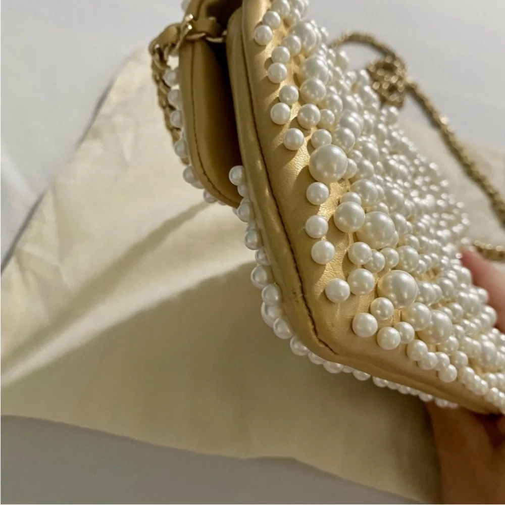 Authentic Rare Chanel Gold Pearl-Studded Flap Hand Bag